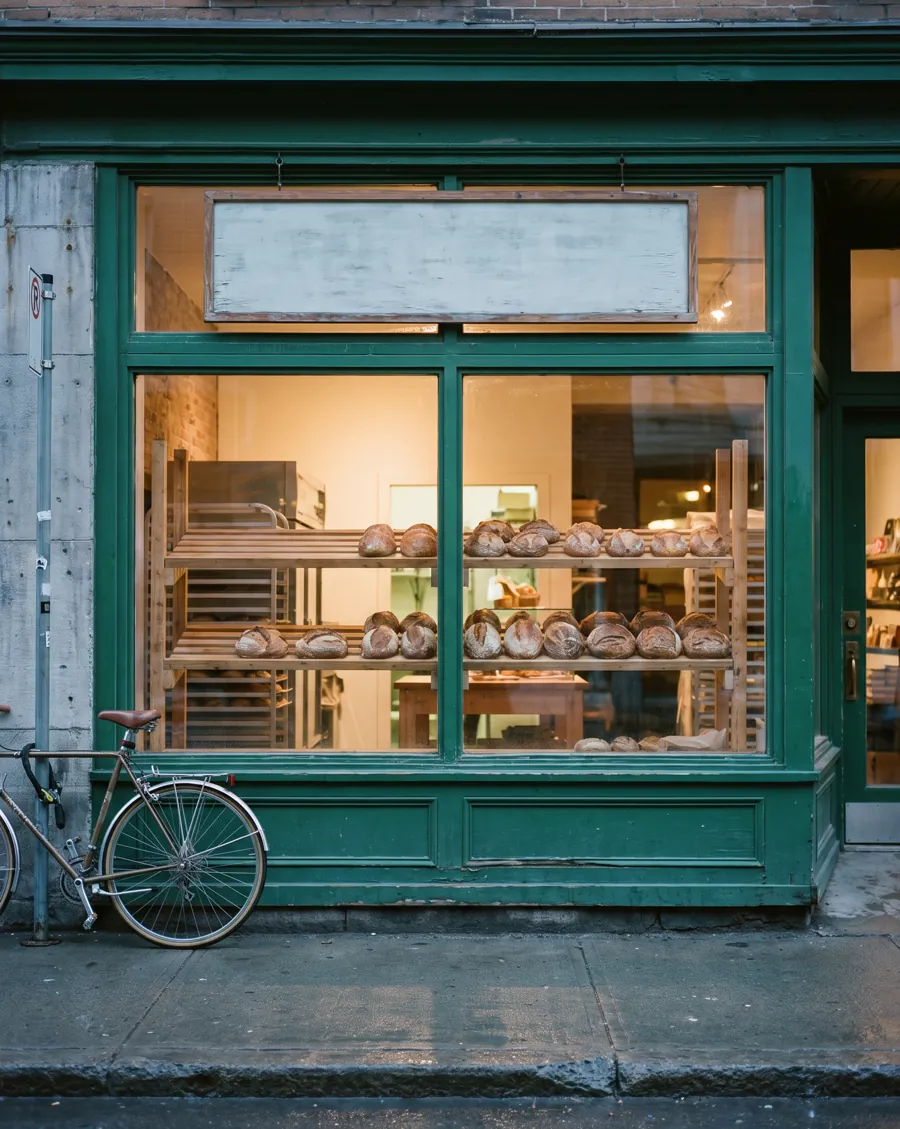 A bakery window on a Montreal street at dawn, with the Merited rosette on the glass